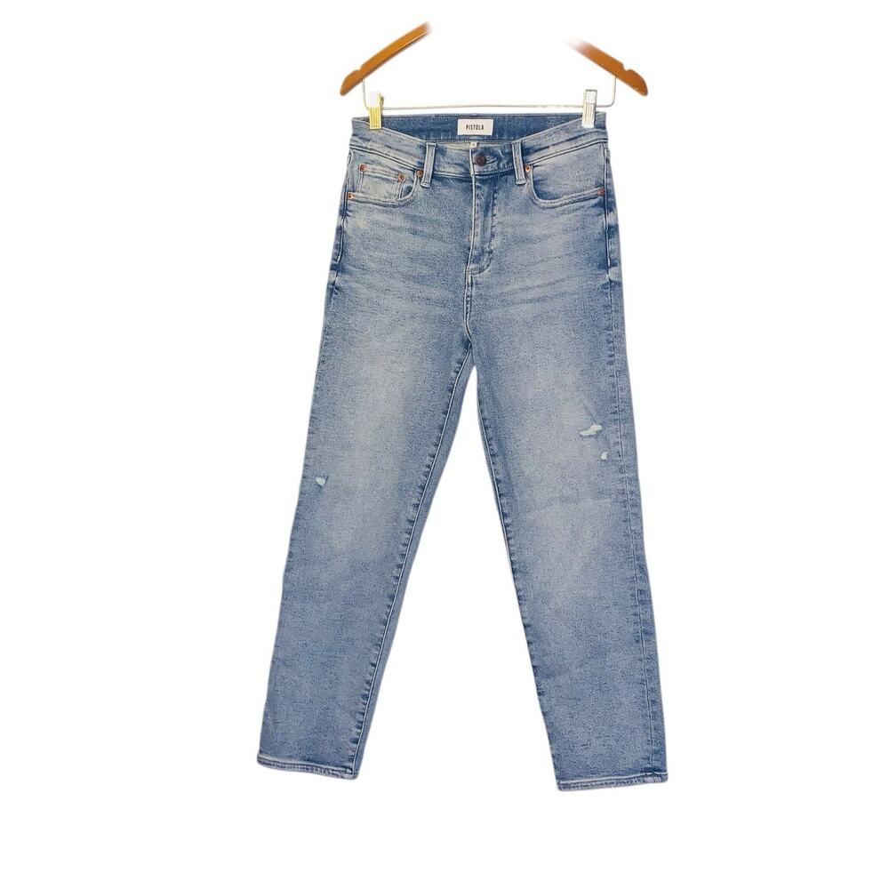 Pistola Distressed Light Blue Wash Straight Leg Cropped Women's Jean Pants Sz 28